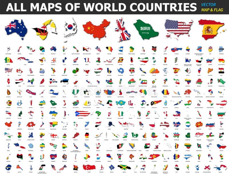 Alle Karten der Länder und Flaggen der Welt . Zusammenstellung der Konturform der internationalen Länderkarte mit Schatten . flach