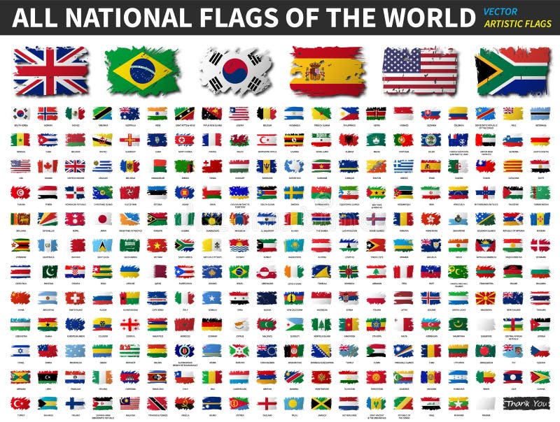 Alle nationale vlaggen van de wereld Artistieke waterverf die vlak ontwerp schilderen Vector
