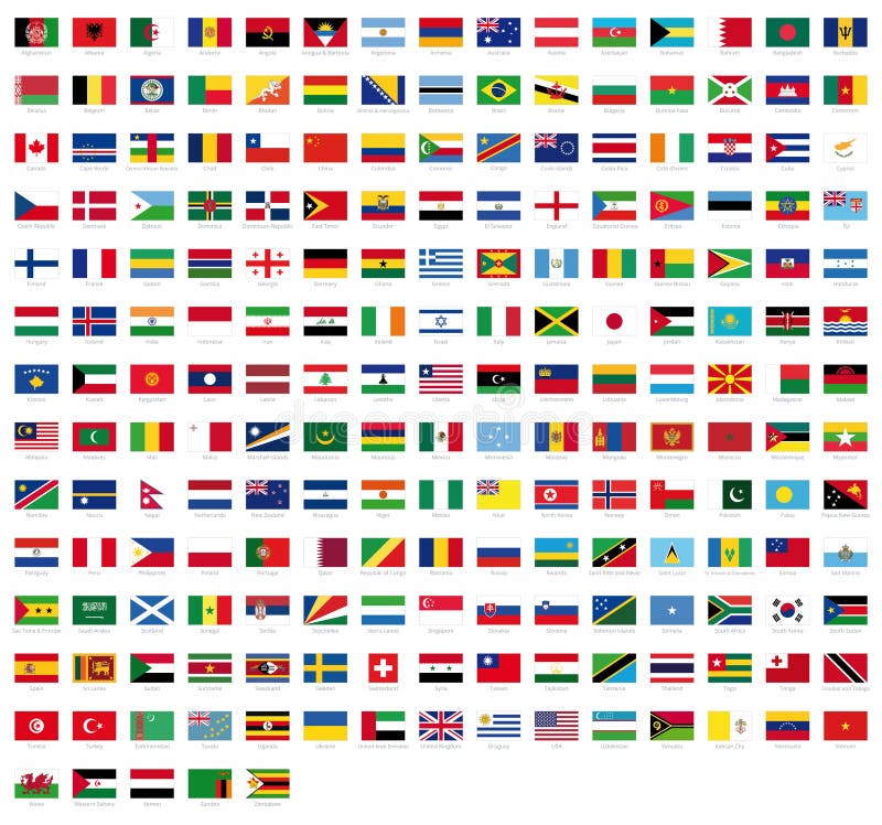 Alle nationale vlaggen van de wereld met hoge namen - - kwaliteits vectordievlag op witte achtergrond wordt geïsoleerd Alle nationale vlaggen van de wereld met hoge namen - - kwaliteits vectordievlag op witte achtergrond wordt geïsoleerd