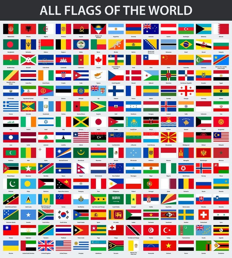 Alle Vlaggen Van Wereld in Alfabetische Volgorde Vector Illustratie - Illustration of geïsoleerd, inzameling: 105414578