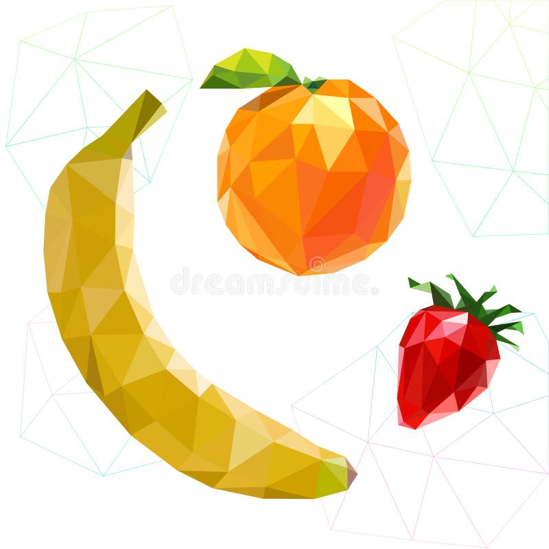 Allegagione dei poligoni Banana, arancia, fragola Vettore