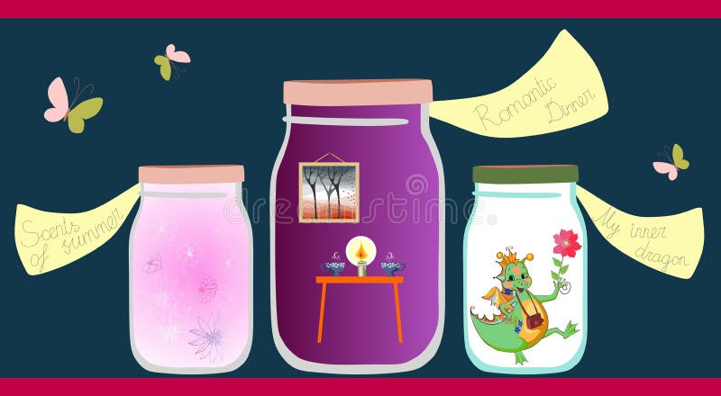 Allegorische vectorillustratie Geuren van de zomer, romantisch diner en vrolijk weinig draak in glaskruiken vector illustratie Allegorische vectorillustratie Geuren van de zomer, romantisch diner en vrolijk weinig draak in glaskruiken vector illustratie