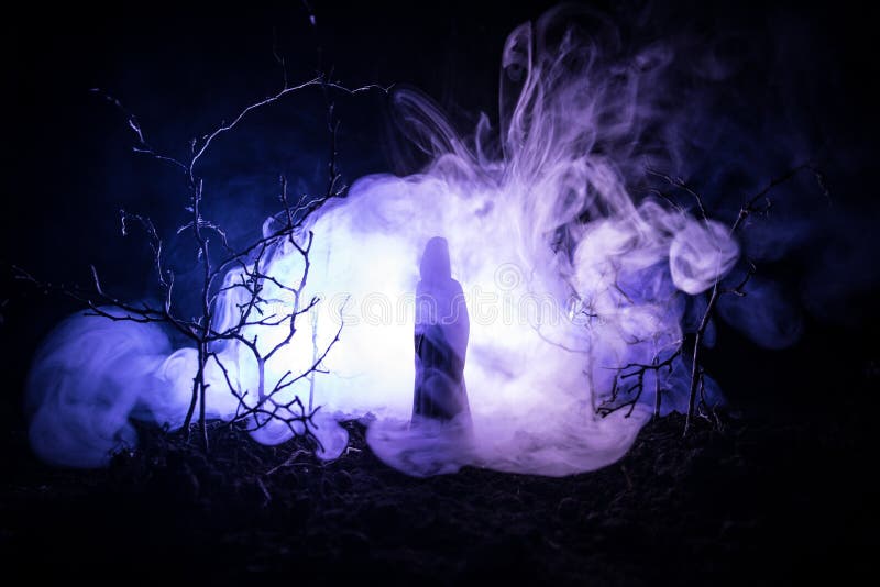 Alleinmadchen Mit Dem Licht Im Wald Nachts Oder Blauer Getonter Nachtwald Zur Nebelzeit Selektiver Fokus Stockbild Bild Von Mondschein Blau 112397701