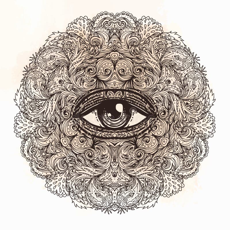 Allen die oog in overladen rond mandalapatroon zien Mysticus, alchimie, stock illustratie Allen die oog in overladen rond mandalapatroon zien Mysticus, alchimie, stock illustratie