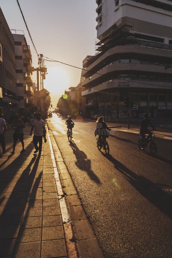 Tel Aviv-Yafo, Israel - June 6, 2018: Sunset scene with bike riders at Allenby Road in Tel Aviv, Israel. Bikes are the most popular transportation in Tel Aviv. Tel Aviv-Yafo, Israel - June 6, 2018: Sunset scene with bike riders at Allenby Road in Tel Aviv, Israel. Bikes are the most popular transportation in Tel Aviv.