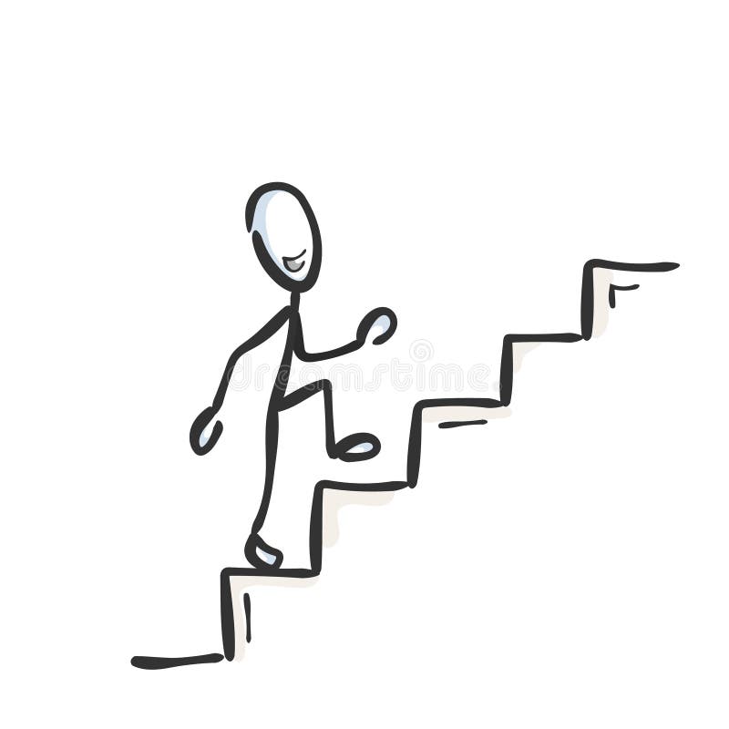 Aller les escaliers. Homme fier et heureux réussi. Bien monter l'escalier. Tiré par la main. Dessin de stickman. Graphique vectori