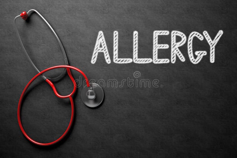 Medical Concept: Allergy - Text on Black Chalkboard with Red Stethoscope. Medical Concept: Allergy Handwritten on Black Chalkboard. 3D Rendering. Medical Concept: Allergy - Text on Black Chalkboard with Red Stethoscope. Medical Concept: Allergy Handwritten on Black Chalkboard. 3D Rendering.