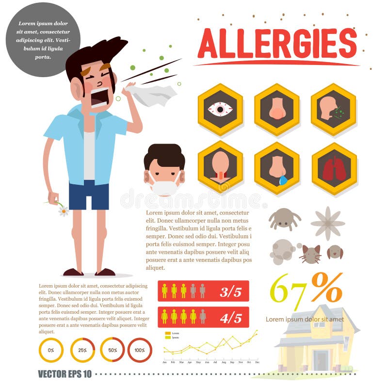 Allergy man with allergy icon set. infographic - stock illustration Allergy man with allergy icon set. infographic - stock illustration