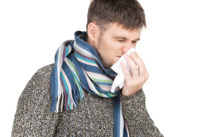 Allergy Man Blowing His Nose in Tissue Paper. Stock Image Image of