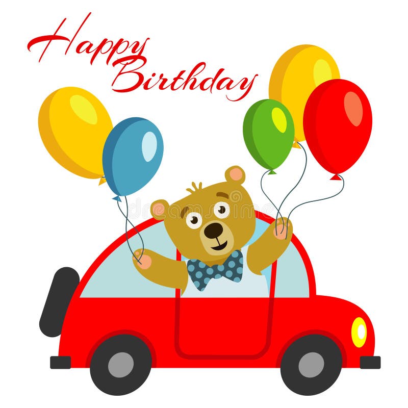 Alles Gute zum Geburtstag scherzt Postkartenschablone mit Bären mit Ballonen im roten Auto stock abbildung Alles Gute zum Geburtstag scherzt Postkartenschablone mit Bären mit Ballonen im roten Auto stock abbildung