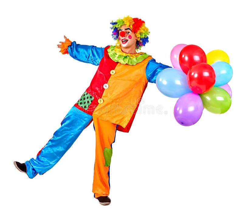 Alles Gute zum Geburtstagclown, der ein Bündel Ballone anhält lizenzfreie stockfotografie Alles Gute zum Geburtstagclown, der ein Bündel Ballone anhält lizenzfreie stockfotografie