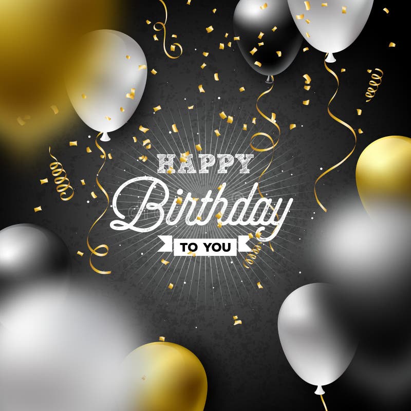 Alles- Gute zum Geburtstagvektor-Design mit Ballon, Typografie und fallenden Konfettis auf dunklem Hintergrund Illustration für G lizenzfreie abbildung Alles- Gute zum Geburtstagvektor-Design mit Ballon, Typografie und fallenden Konfettis auf dunklem Hintergrund Illustration für G lizenzfreie abbildung