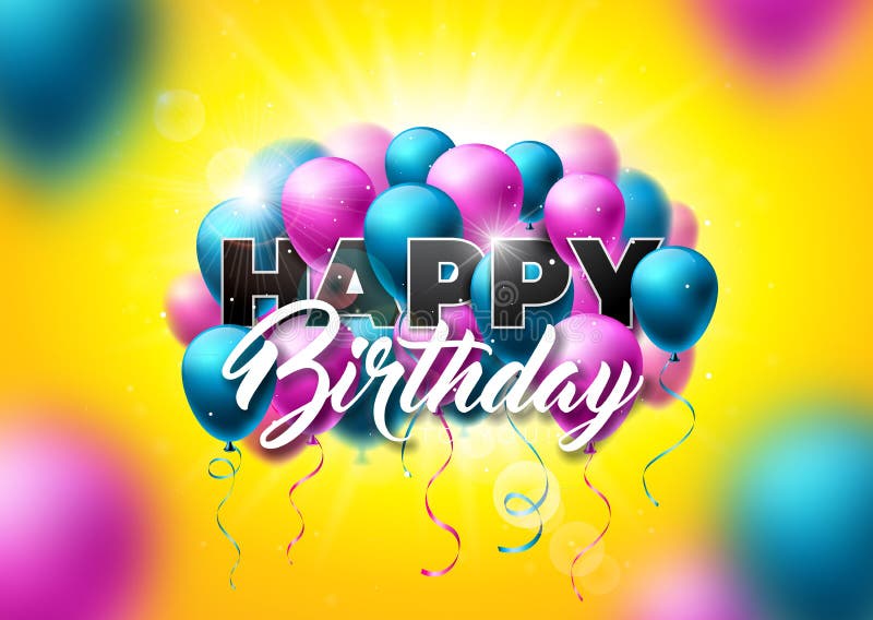 Alles- Gute zum Geburtstagvektor-Design mit Ballon, Typografie und fallenden Konfettis auf glänzendem gelbem Hintergrund Illustra lizenzfreie abbildung Alles- Gute zum Geburtstagvektor-Design mit Ballon, Typografie und fallenden Konfettis auf glänzendem gelbem Hintergrund Illustra lizenzfreie abbildung