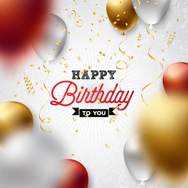 Alles- Gute zum Geburtstagvektor-Design mit Ballon, Typografie und fallenden Konfettis auf weißem Hintergrund Illustration für lizenzfreie abbildung Alles- Gute zum Geburtstagvektor-Design mit Ballon, Typografie und fallenden Konfettis auf weißem Hintergrund Illustration für lizenzfreie abbildung