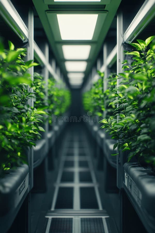 Allevamento futuristico per interni con lampade a LED e vegetazione di colore nelle idroponiche. fotografia stock libera da diritti