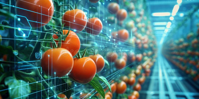 Allevamento interno ad alta tecnologia di pomodori. schermate digitali che sovrappongono pomodori maturi in una mostra a effetto s immagine stock libera da diritti