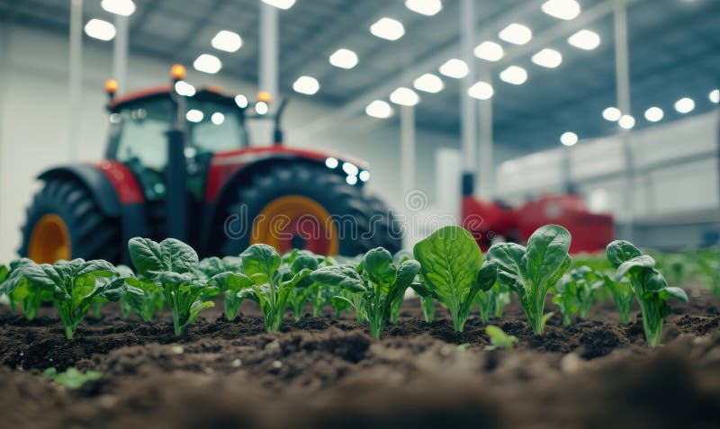 Allevamento interno con trattore e piante spinose fresche in ambiente serra. Generato dall'AI
