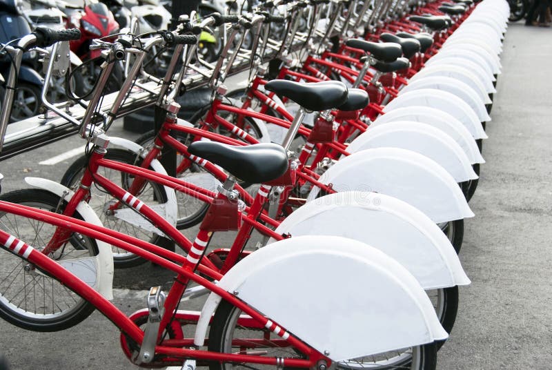 Public bicycles in row in Barcelona city - Spain. Public bicycles in row in Barcelona city - Spain