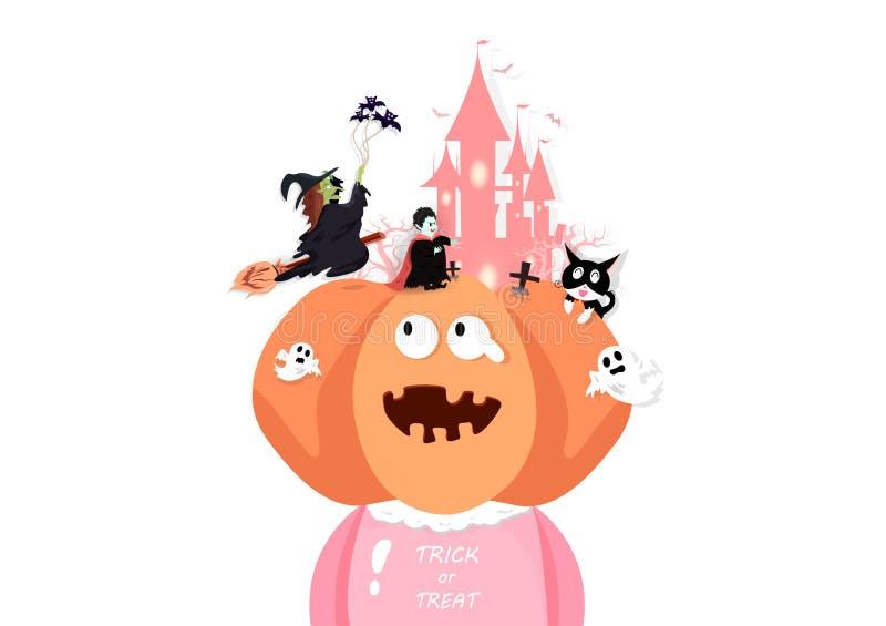 Allhelgonaaftonhälsningkort, trick eller fest, gullig tecknad filmvampyr för festival, häxa, slagträn, spöklikt, katt och pumpa, vektor illustrationer Allhelgonaaftonhälsningkort, trick eller fest, gullig tecknad filmvampyr för festival, häxa, slagträn, spöklikt, katt och pumpa, vektor illustrationer
