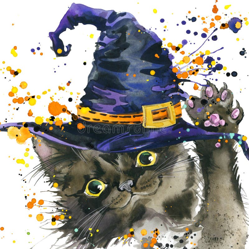 Allhelgonaaftonkatt och häxahatt vattenfärgillustrationbakgrund royaltyfri illustrationer Allhelgonaaftonkatt och häxahatt vattenfärgillustrationbakgrund royaltyfri illustrationer