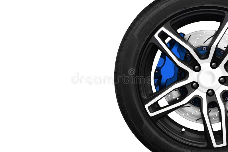 Alliez les roues de la voiture de course avec les disques de frein en métal et le calip bleu