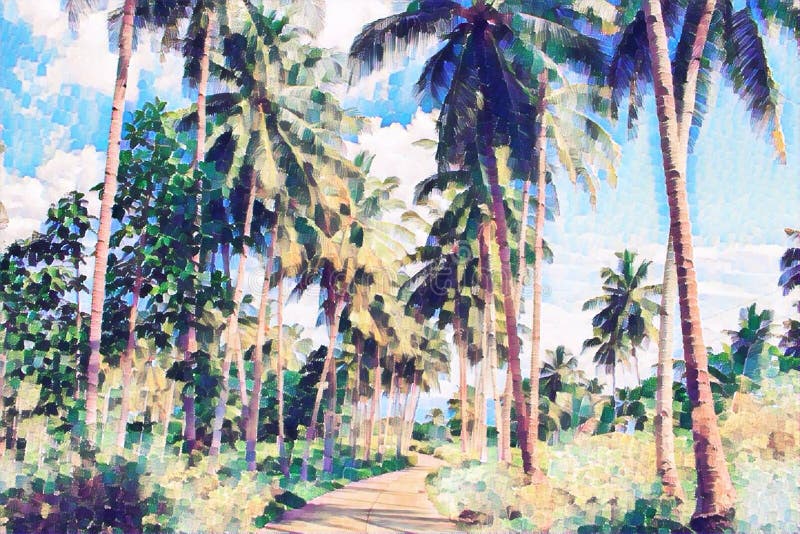 Allée de palmier de Cocos avec la verdure Peinture numérique de nature tropicale illustration libre de droits Allée de palmier de Cocos avec la verdure Peinture numérique de nature tropicale illustration libre de droits
