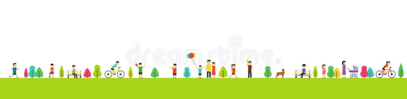 Allée de parc d'été avec les personnes actives, vacances de famille, promenade avec le chien, bicyclettes de tour, course illustration libre de droits Allée de parc d'été avec les personnes actives, vacances de famille, promenade avec le chien, bicyclettes de tour, course illustration libre de droits