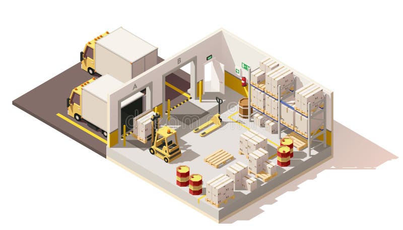 Vector isometric low poly warehouse cross-section. Vector isometric low poly warehouse cross-section