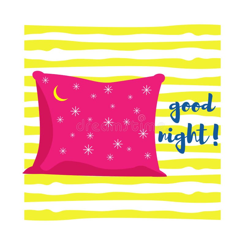 Almohada rosada con las estrellas y la luna Fondo de rayas amarillas ilustración del vector Almohada rosada con las estrellas y la luna Fondo de rayas amarillas ilustración del vector