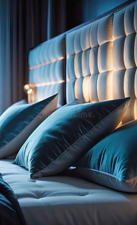 Almohadas de lujo en la cama con una decadente cabecera de cama y sábanas de sábanas para la cama libre illustration