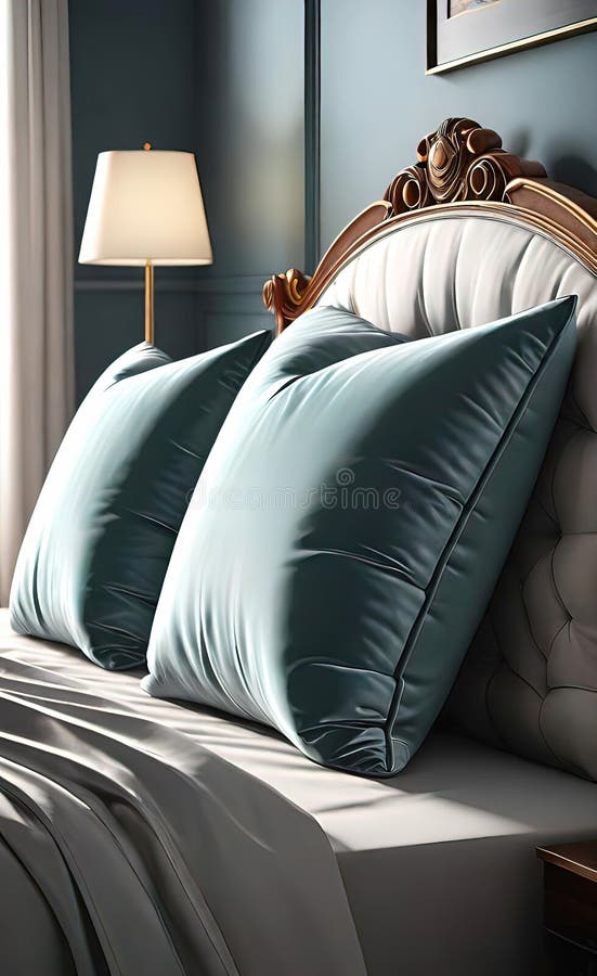 Almohadas de lujo en la cama con una decadente cabecera de cama y sábanas de sábanas para la cama libre illustration