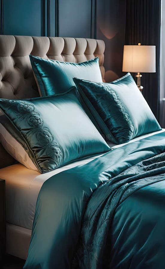 Almohadas de lujo en la cama con una decadente cabecera de cama y sábanas de sábanas para la cama ilustración del vector
