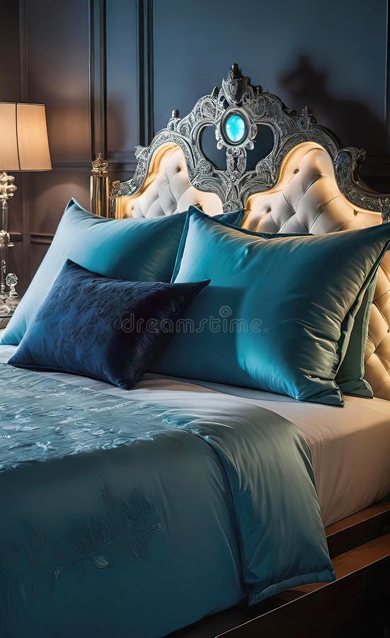 Almohadas de lujo en la cama con una decadente cabecera de cama y sábanas de sábanas para la cama stock de ilustración