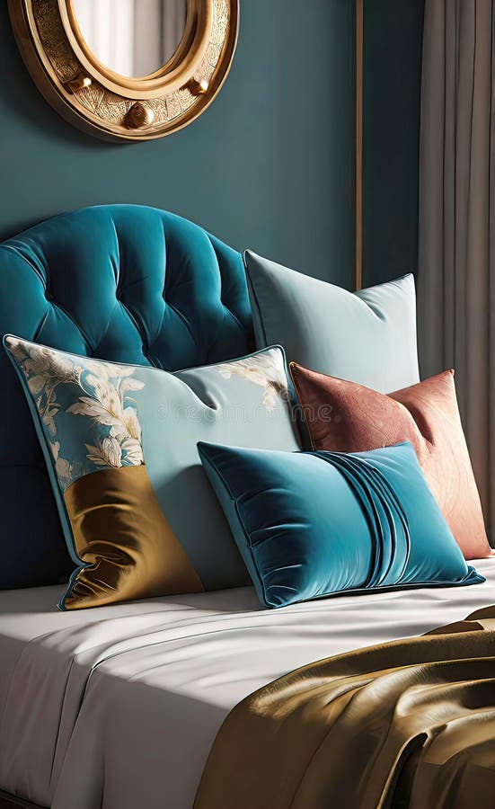 Almohadas de lujo en la cama con una decadente cabecera de cama y sábanas de sábanas para la cama ilustración del vector