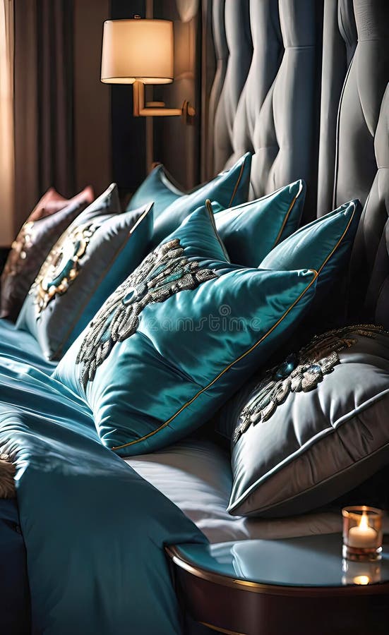 Almohadas de lujo en la cama con una decadente cabecera de cama y sábanas de sábanas para la cama libre illustration
