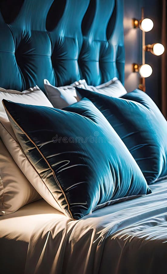 Almohadas de lujo en la cama con una decadente cabecera de cama y sábanas de sábanas para la cama libre illustration