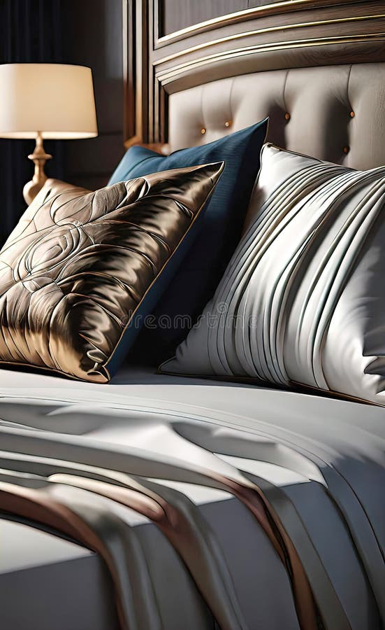 Almohadas de lujo en la cama con una decadente cabecera de cama y sábanas de sábanas para la cama libre illustration