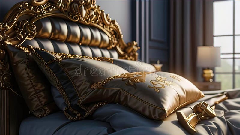 Almohadas de lujo en la cama con una decadente cabecera de cama y sábanas de sábanas para la cama ilustración del vector