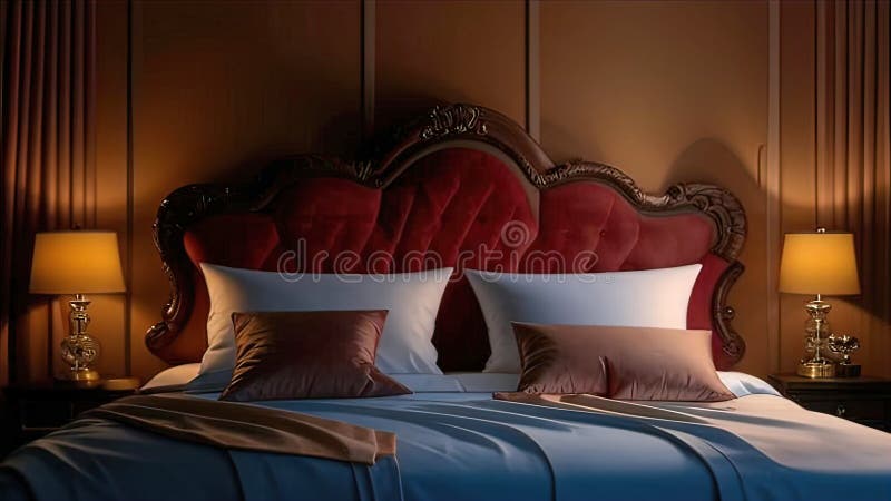 Almohadas de lujo en la cama con una decadente cabecera de cama y sábanas de sábanas para la cama ilustración del vector