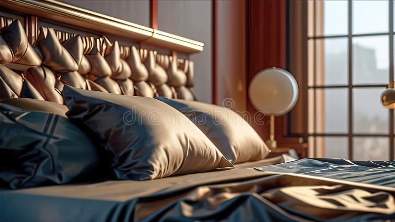 Almohadas de lujo en la cama con una decadente cabecera de cama y sábanas de sábanas para la cama ilustración del vector
