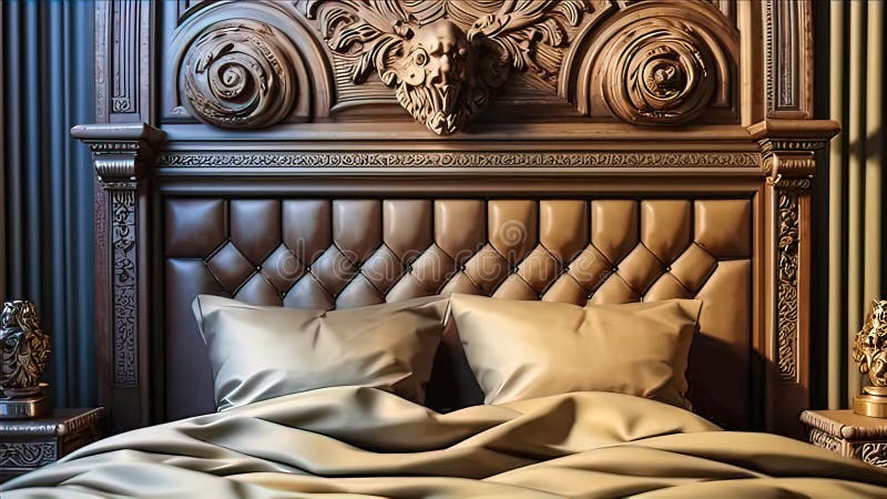 Almohadas de lujo en la cama con una decadente cabecera de cama y sábanas de sábanas para la cama libre illustration