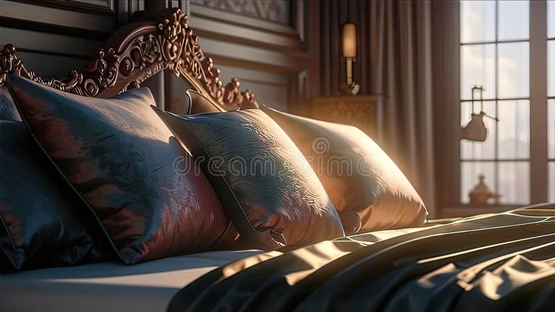 Almohadas de lujo en la cama con una decadente cabecera de cama y sábanas de sábanas para la cama libre illustration