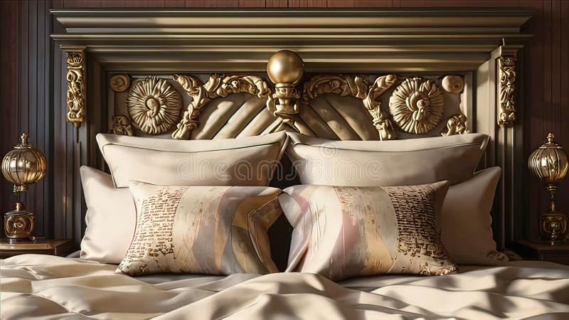 Almohadas de lujo en la cama con una decadente cabecera de cama y sábanas de sábanas para la cama stock de ilustración