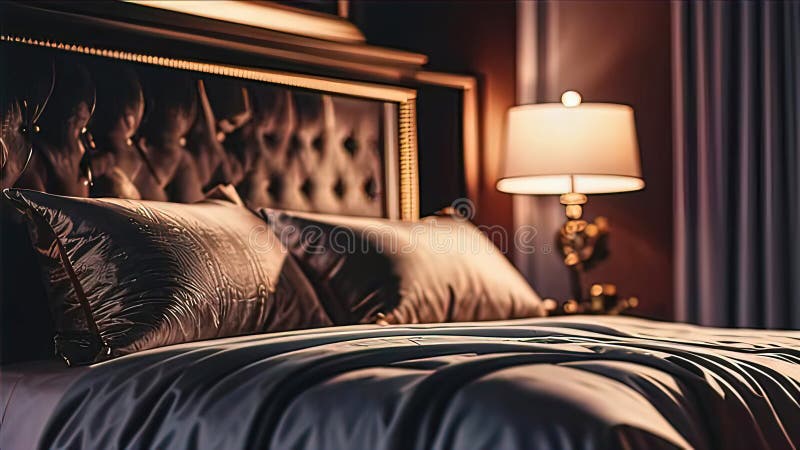 Almohadas de lujo en la cama con una decadente cabecera de cama y sábanas de sábanas para la cama ilustración del vector
