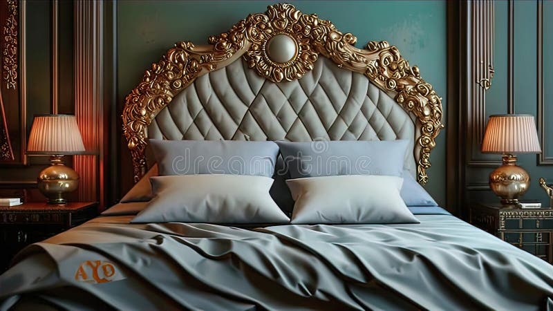 Almohadas de lujo en la cama con una decadente cabecera de cama y sábanas de sábanas para la cama ilustración del vector