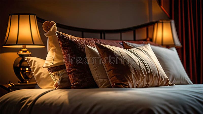Almohadas de lujo en la cama con una decadente cabecera de cama y sábanas de sábanas para la cama libre illustration