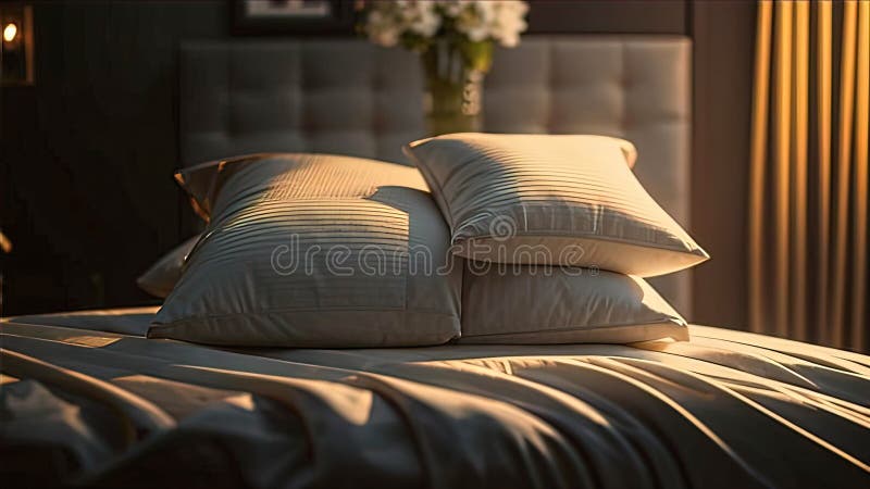 Almohadas de lujo en la cama con una decadente cabecera de cama y sábanas de sábanas para la cama stock de ilustración