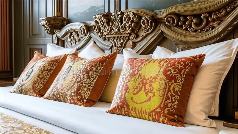 Almohadas de lujo en la cama con una decadente cabecera de cama y sábanas de sábanas para la cama ilustración del vector