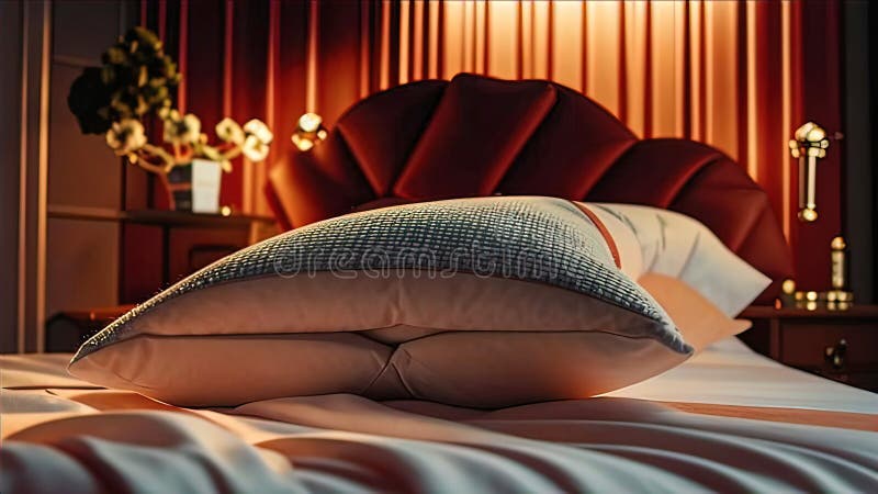 Almohadas de lujo en la cama con una decadente cabecera de cama y sábanas de sábanas para la cama libre illustration