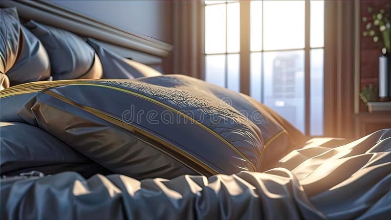 Almohadas de lujo en la cama con una decadente cabecera de cama y sábanas de sábanas para la cama stock de ilustración